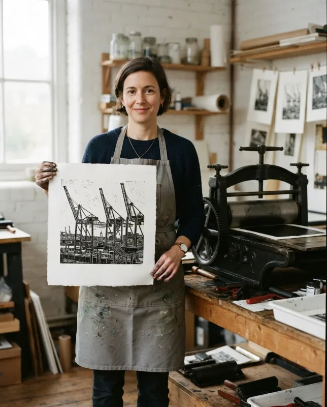 Ylva Nordin at the press in the Majorna workshop