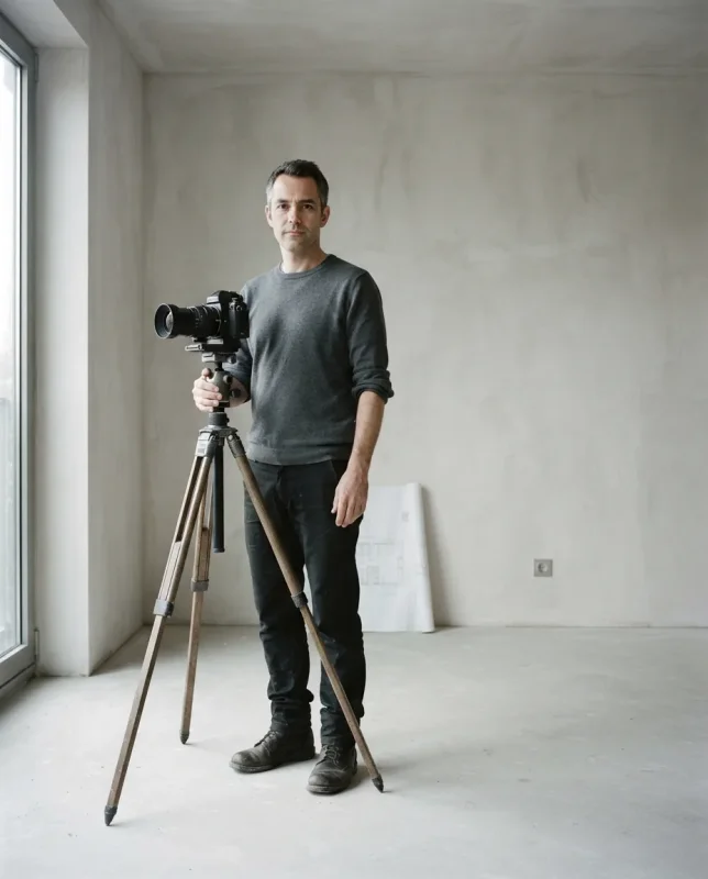 Joris Maes beside a tripod in an empty plastered room
