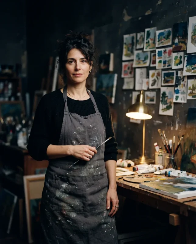 Ines Roussel in her studio at night
