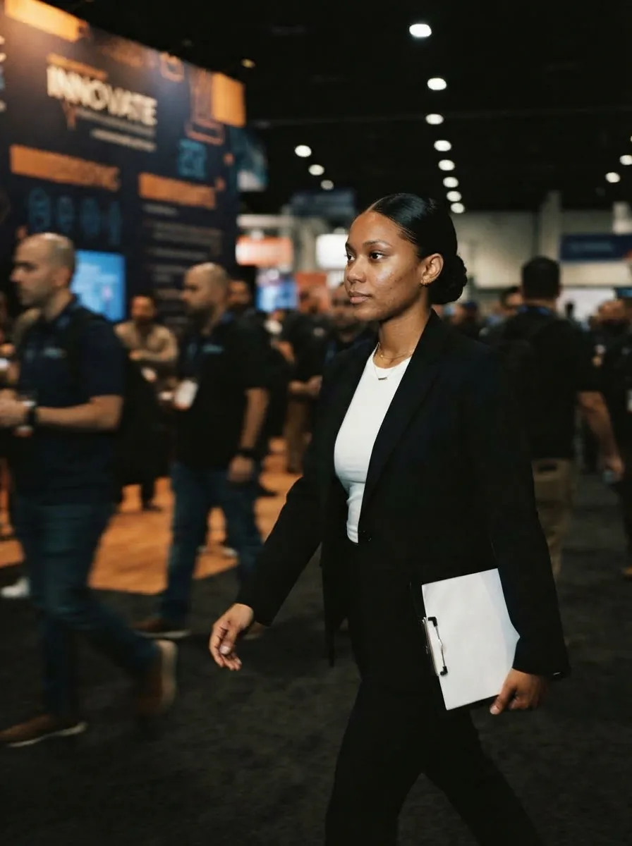 Walking a convention aisle with a clipboard