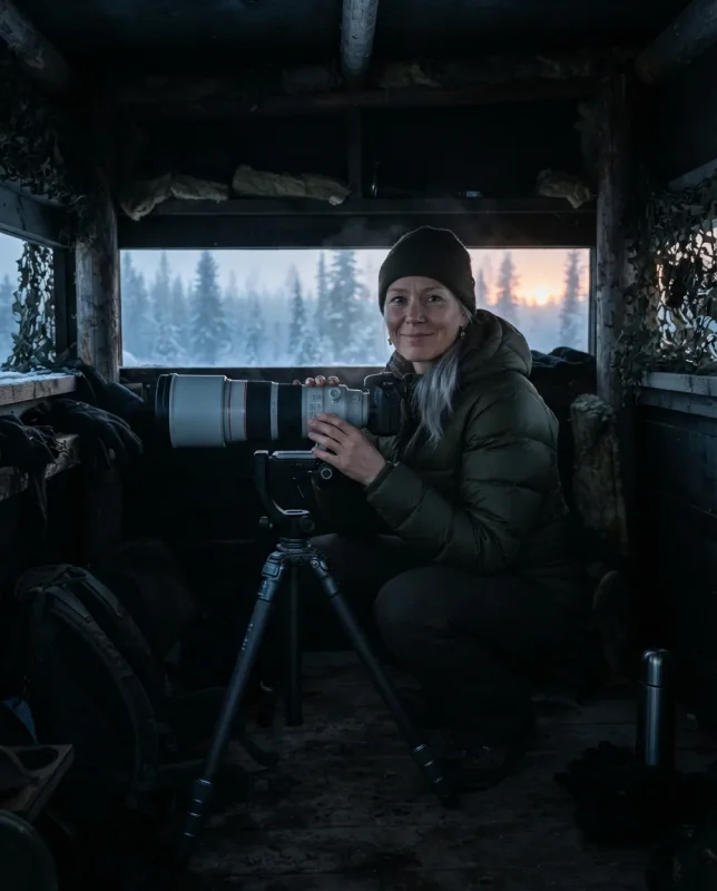 Mari Kettunen behind a 600mm lens in a hide at dawn
