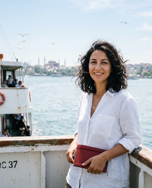 Elif Kaya on the Kadıköy ferry, holding notebook no. 24