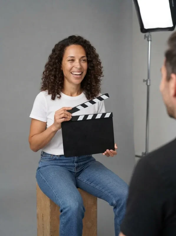 Tessa Marlow holding a blank clapperboard between takes