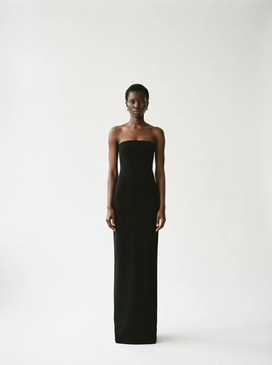 Adama Sène in a black column gown against a white studio backdrop