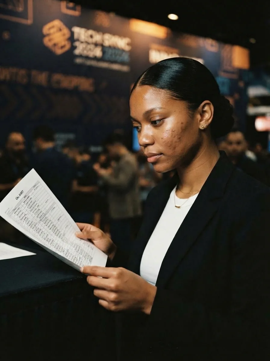 Checking the call sheet at the edge of a stand
