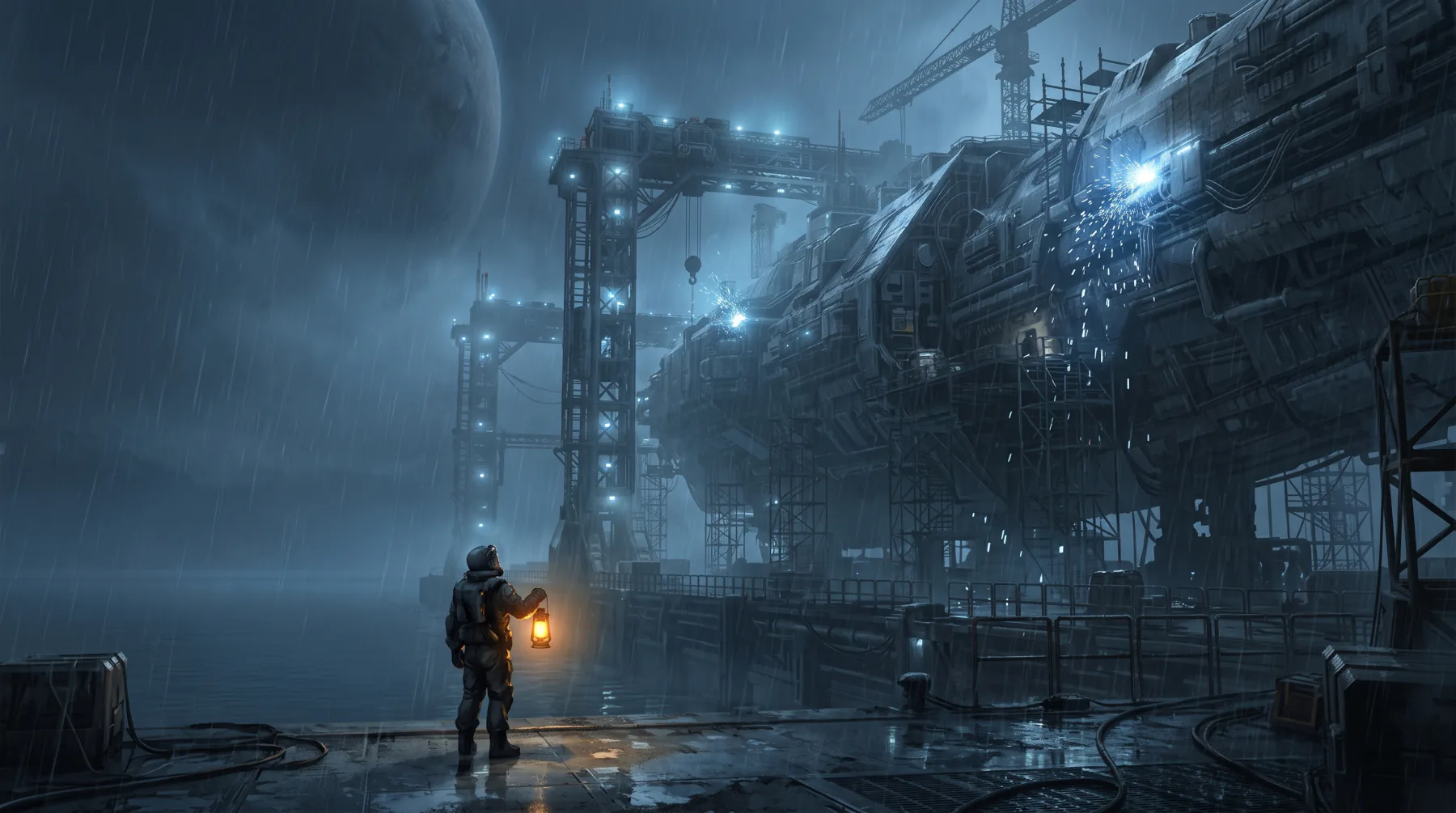 A figure with a lantern on a pier under a starship in dock
