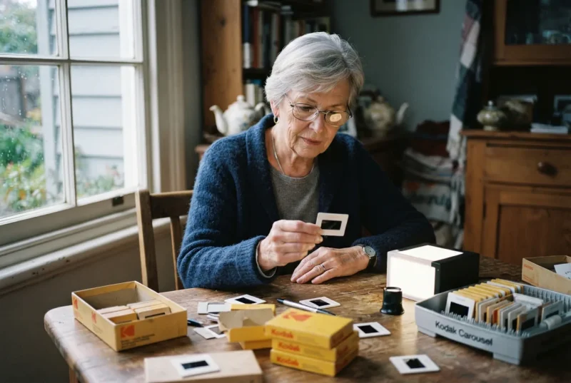 Ruth Adair at the kitchen table, checking a slide against the light box