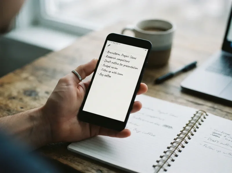 A phone showing a minimal note-taking app above a notebook