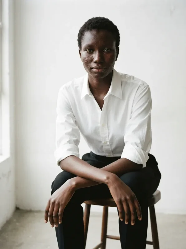 Adama Sène seated on a stool in the Brooklyn studio