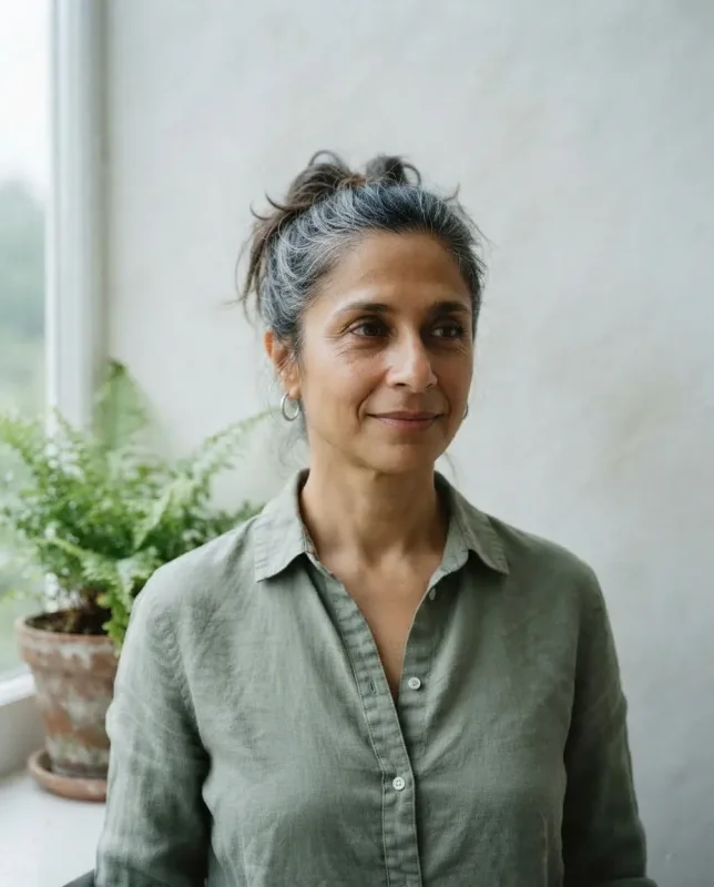 June Castellano beside a fern, in front of a white wall