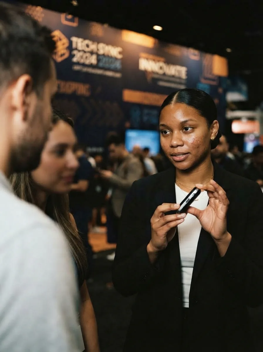 Demonstrating a handheld product to two visitors