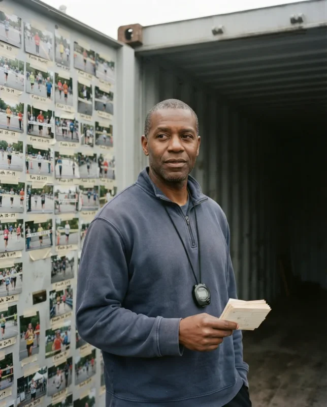 Dez in the doorway of the shed, the finisher wall behind him
