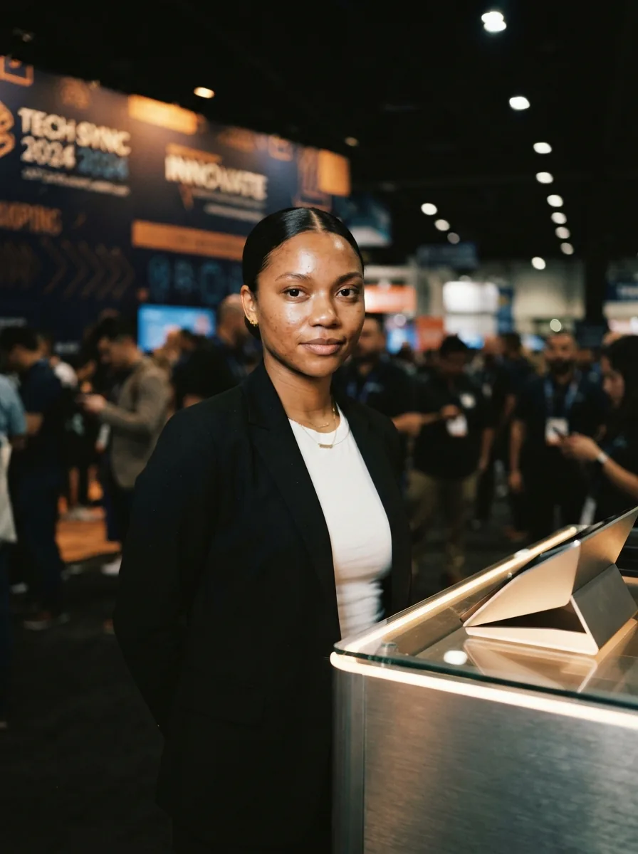 Standing beside a lit product plinth