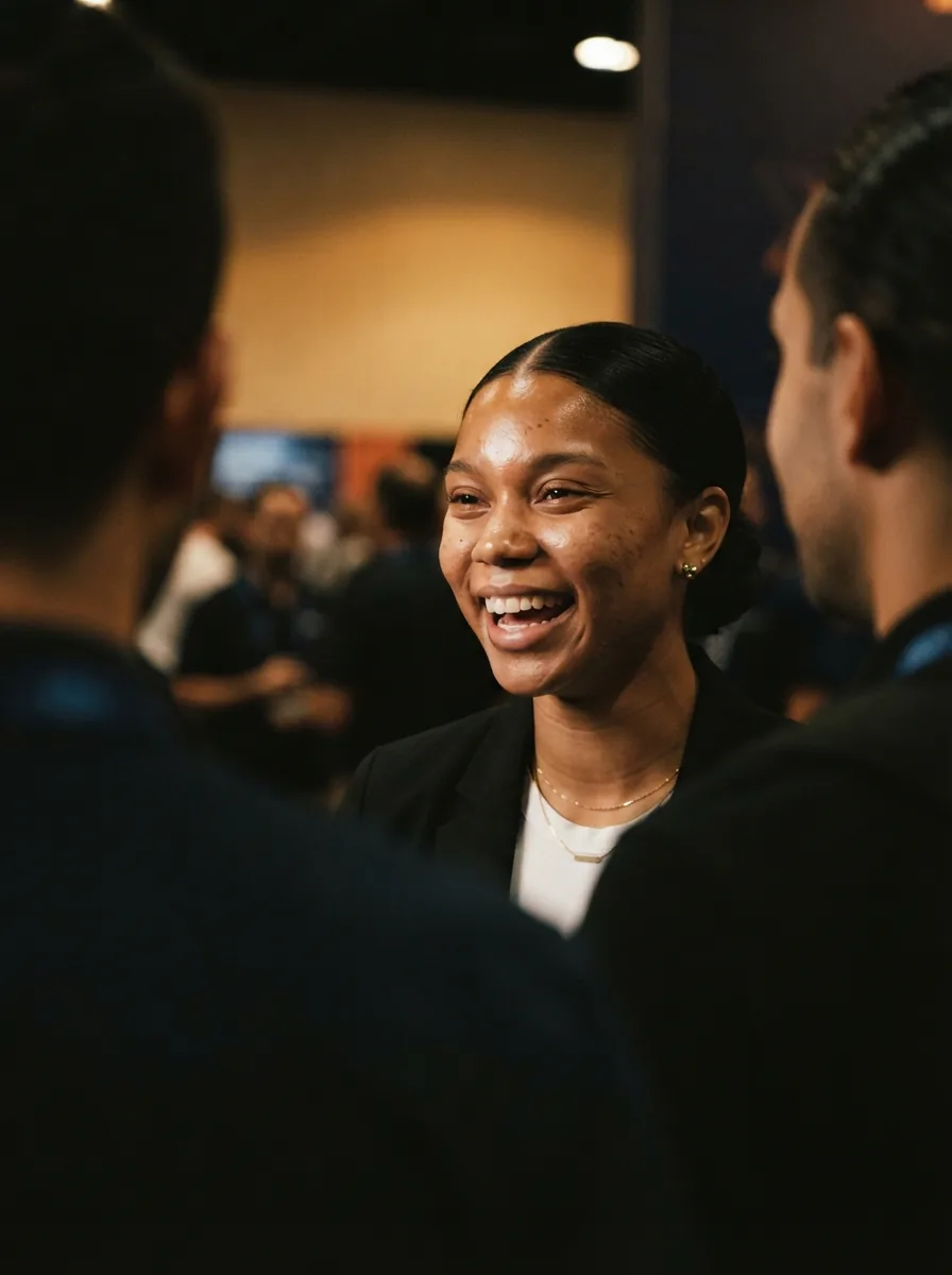 Laughing mid conversation at a stand