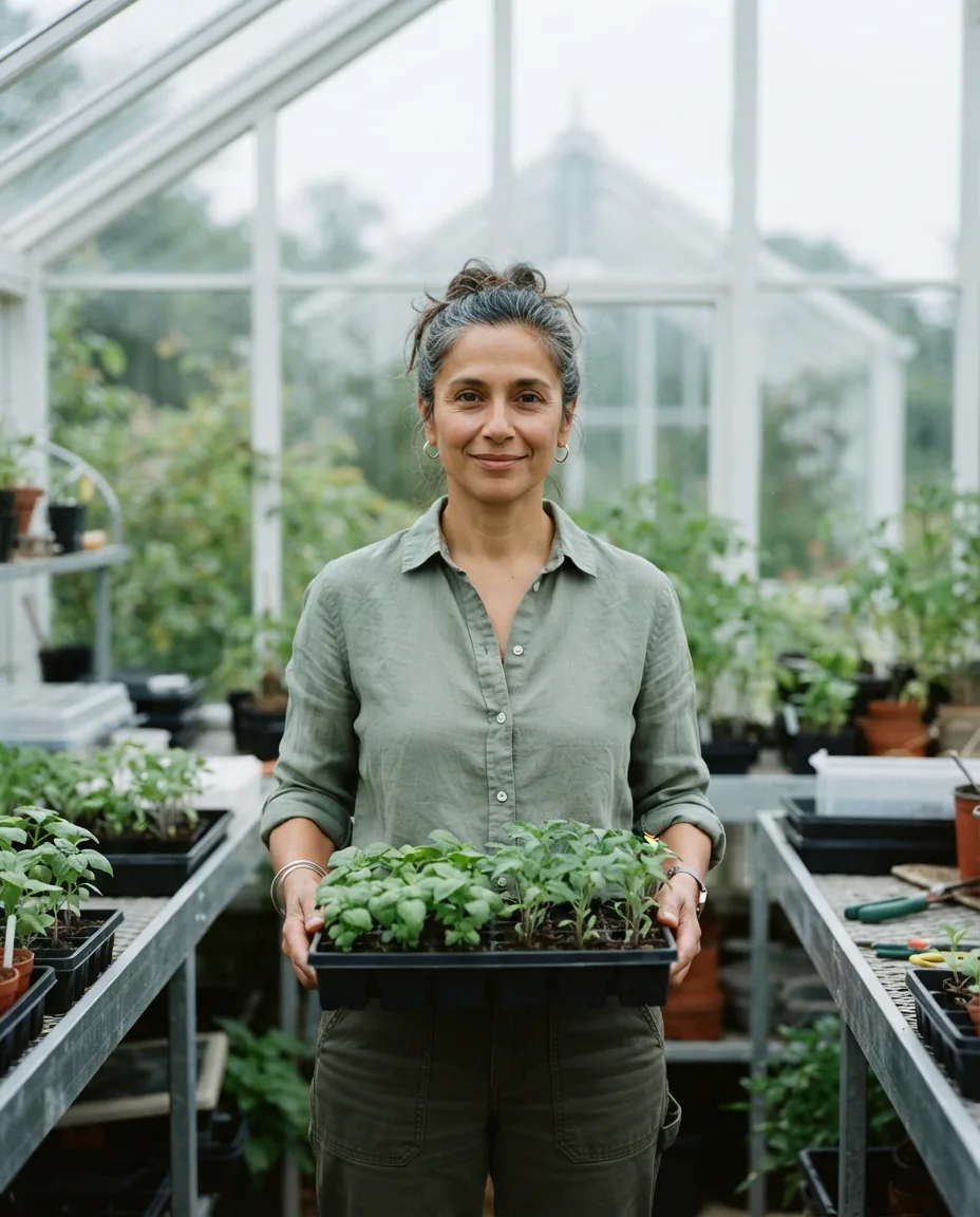 June Castellano in the propagation house, holding a tray of seedlings