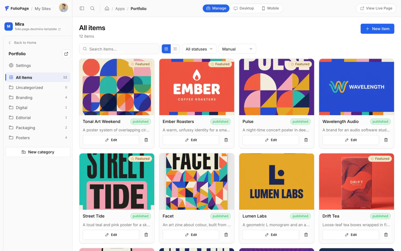 The Portfolio app in the dashboard, listing projects with their cover images and categories